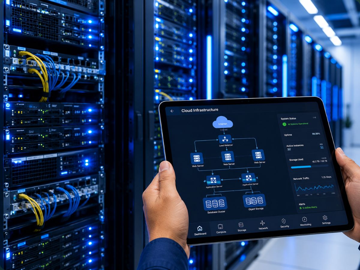 data center server racks with cloud infrastructure diagram
