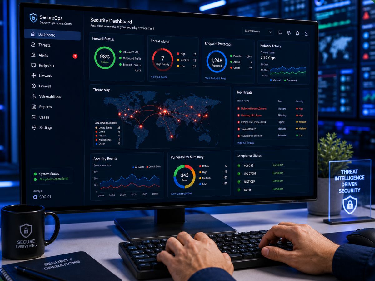 security dashboard showing firewall and endpoint protection monitoring