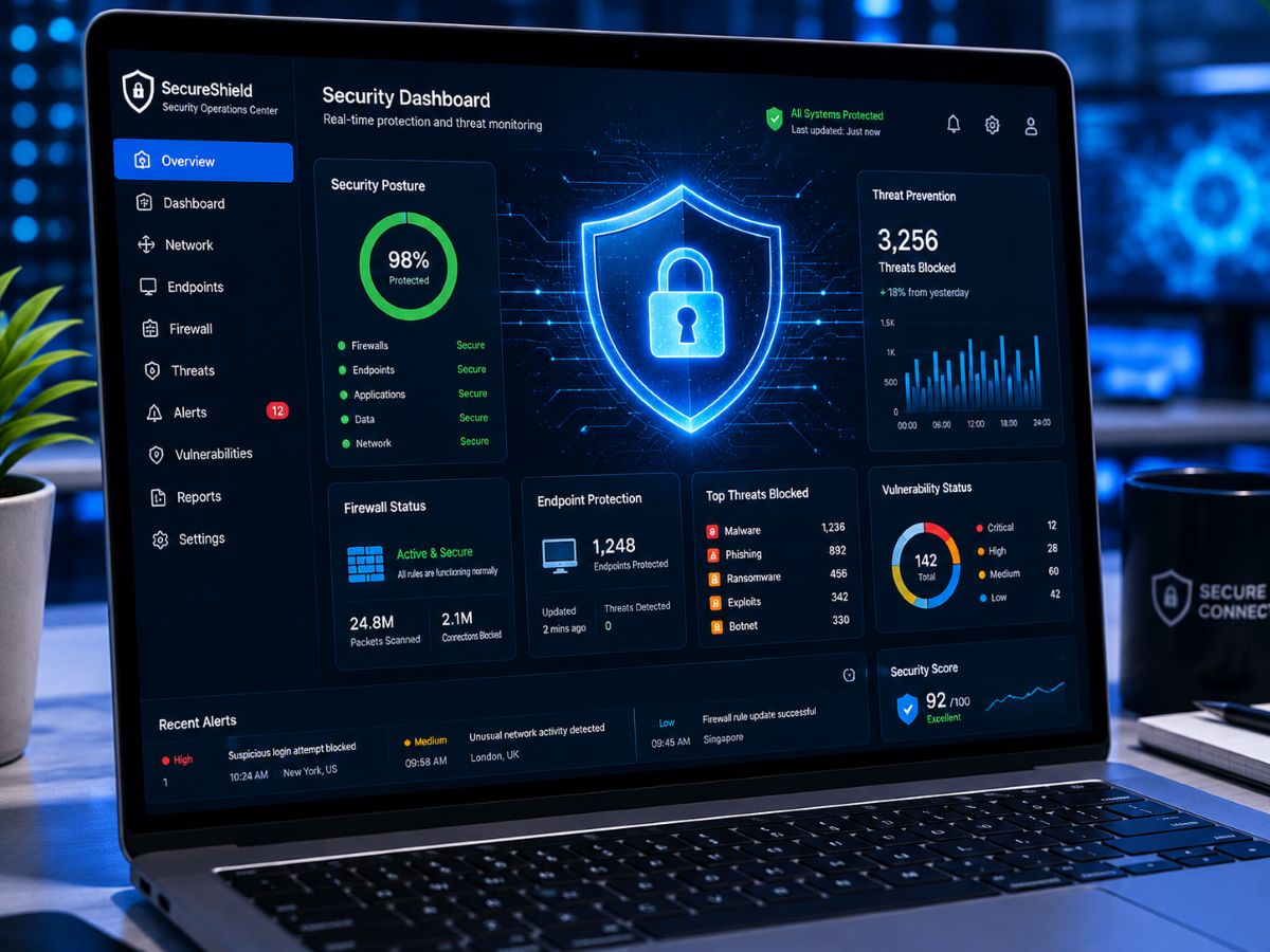layered security shield and lock graphic