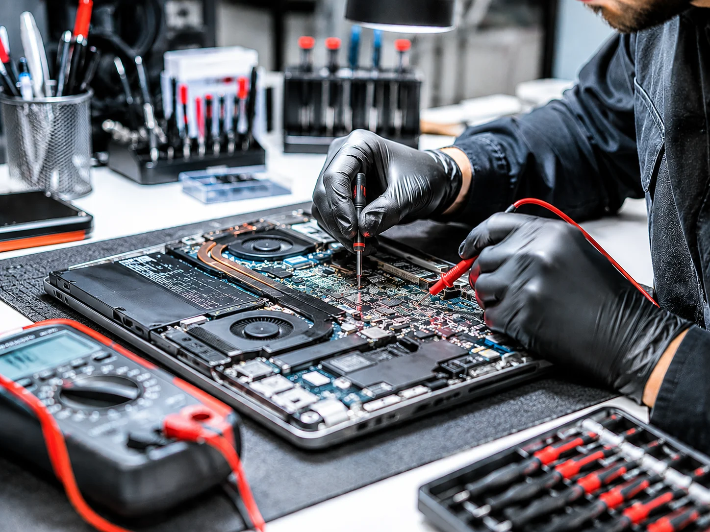 technician diagnosing a laptop motherboard
