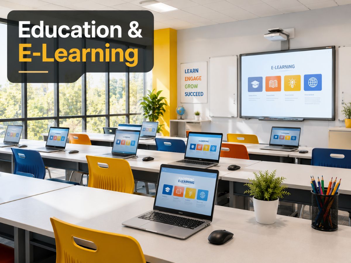 classroom with laptops and e-learning setup