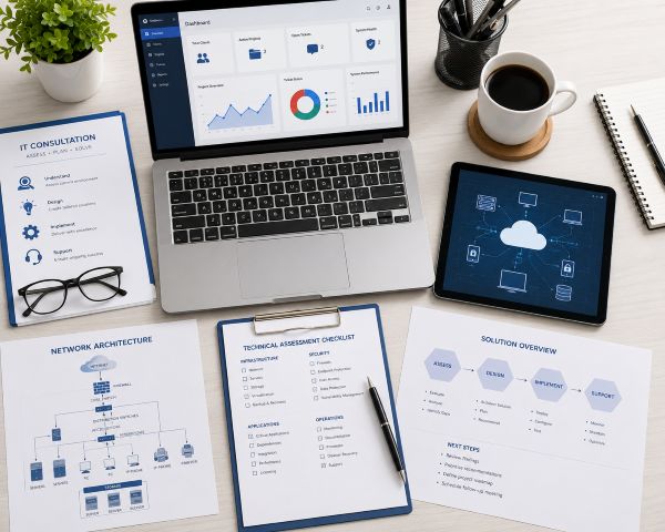 IT assessment workspace with documents and planning materials