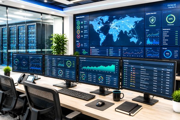 IT operations center with monitoring systems and dashboards