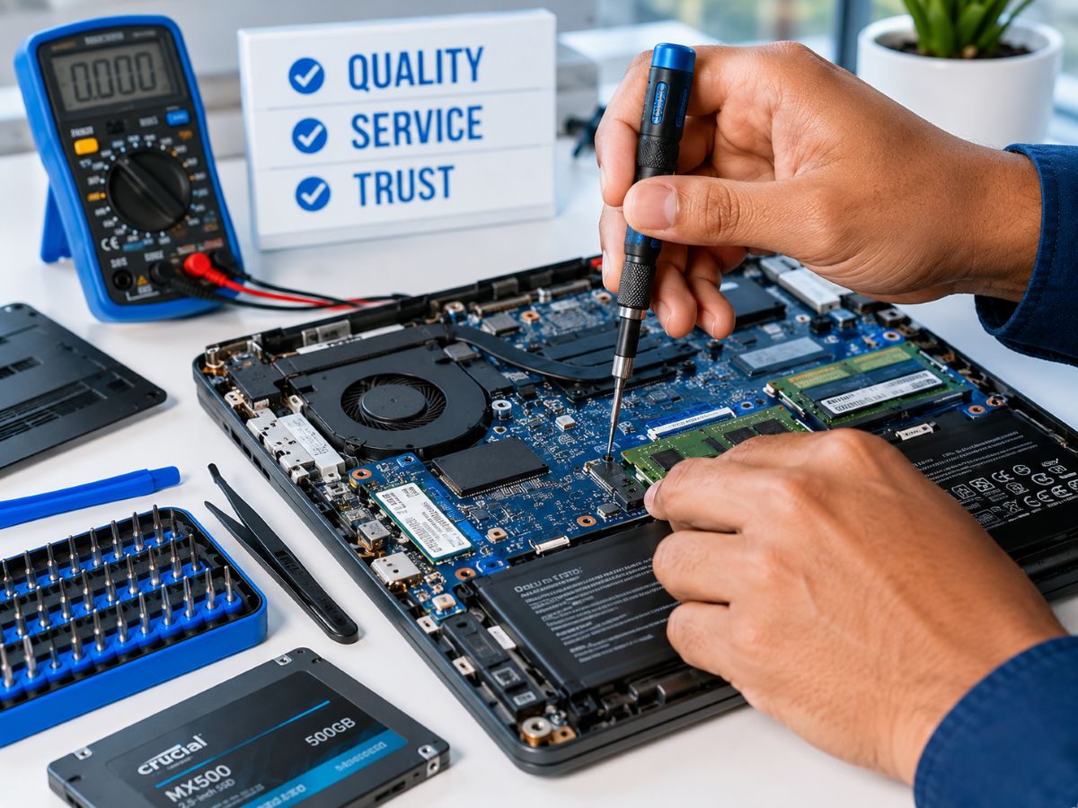 technician repairing an open laptop on a workbench
